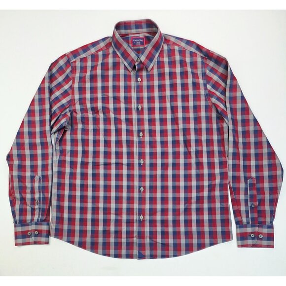 Untuckit Large Wrinkle Free Gray Blue Red Check Long Sleeve Logo Cotton Shirt - Picture 5 of 9